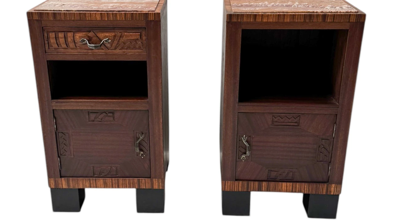 Two Art Deco Nightstands or Bedside Tables with Multi-Colored Marble Tops, 1930s